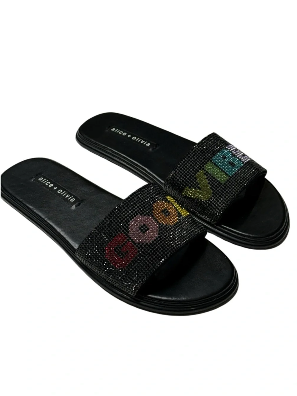 HTF: Alice + Olivia 𖦹 Tatum Good Vibes Slide Crystal Sandals 𖦹 Black 𖦹 7.5M 𖦹 - Picture 10 of 16